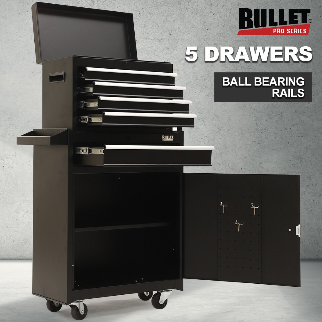 BULLET Pro 5 Drawer Tool Box Cabinet Chest Storage, with 1-Door Toolbox Garage Organiser Set, Black