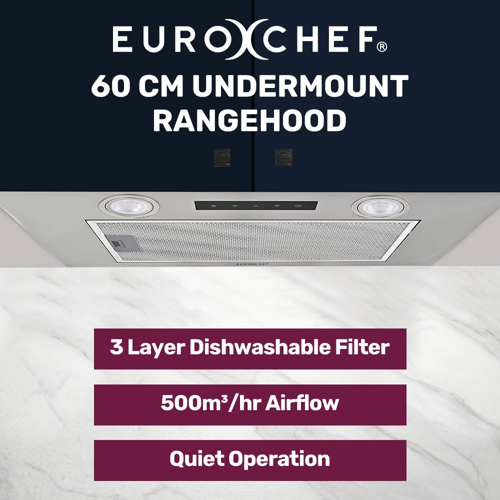 EUROCHEF 60cm Undermount Rangehood Silver, Quiet 3-Speed, 3-Layer Dishwashable Filter, LED Lights EUR60N