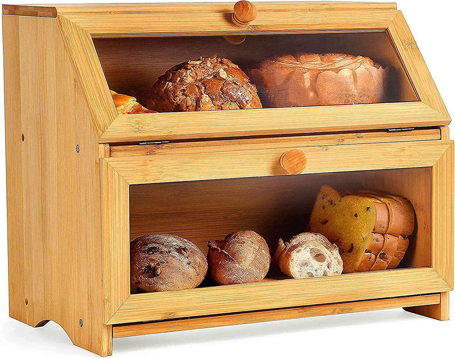 Carla Home Vikus Bamboo Clear Windowed Double Layer Farmhouse Style Large Bread Box