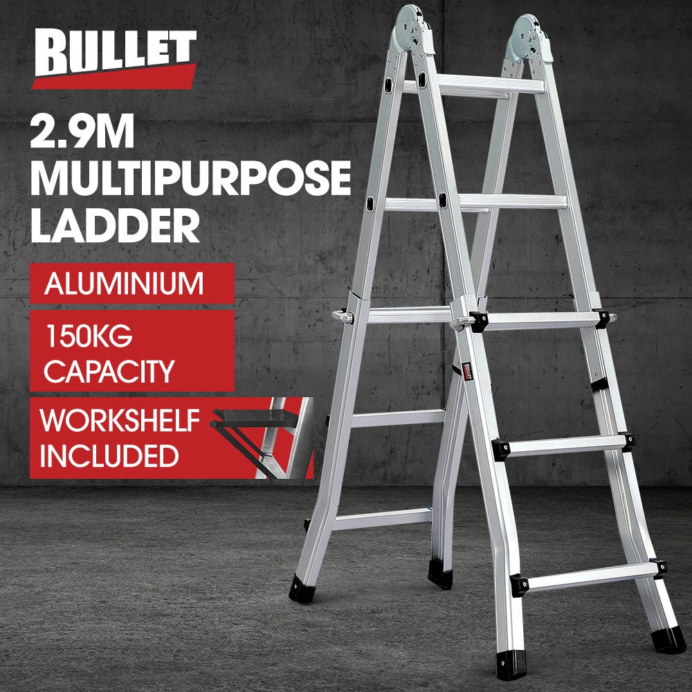 BULLET 2.9m Folding Aluminium Multipurpose Ladder, w/ Workshelf Platform, Spring Assisted Rapid Safety Lock Adjusters