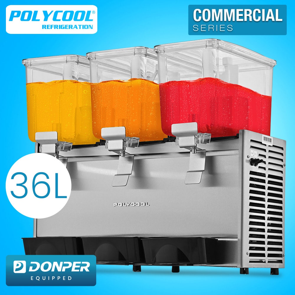 POLYCOOL 36L Commercial Triple Tank Refrigerated Juice Dispenser, Quality Donper Compressor, Beverage, Drink, for Restaurants, Cafes