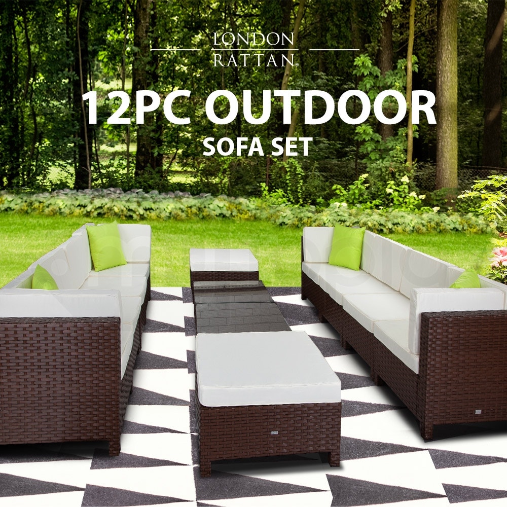 LONDON RATTAN Modular Sofa Outdoor Lounge Set 12pc Wicker Brown Beige