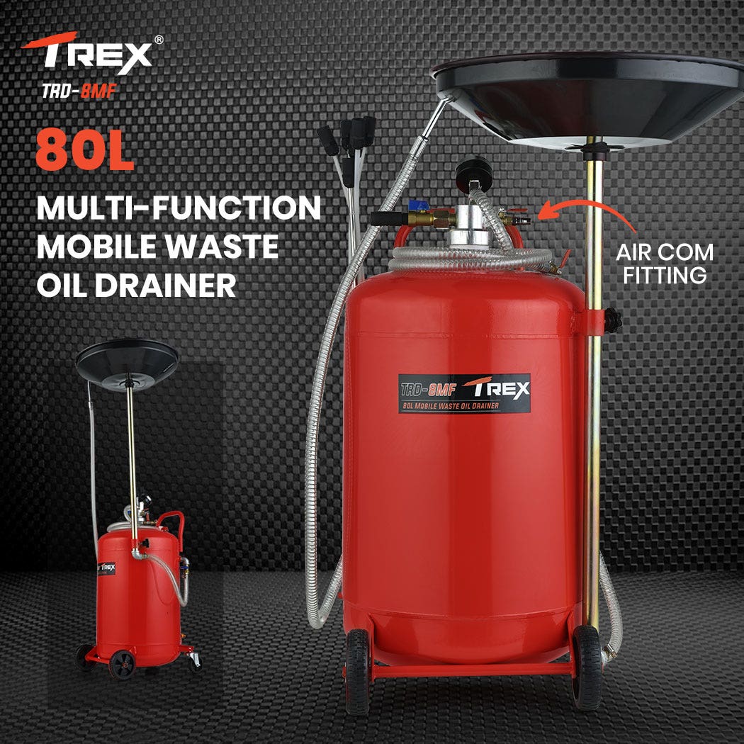 T-REX 80L Mobile Waste Oil Drainer Tank, Pneumatic, Telescopic, Extractor Probes, Workshop