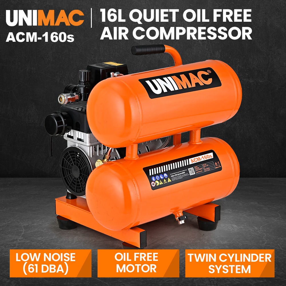 UNIMAC 16L Twin Tank Air Compressor, 116PSI Portable Silent Oil-Free Electric, for Airtools Tyre Inflation