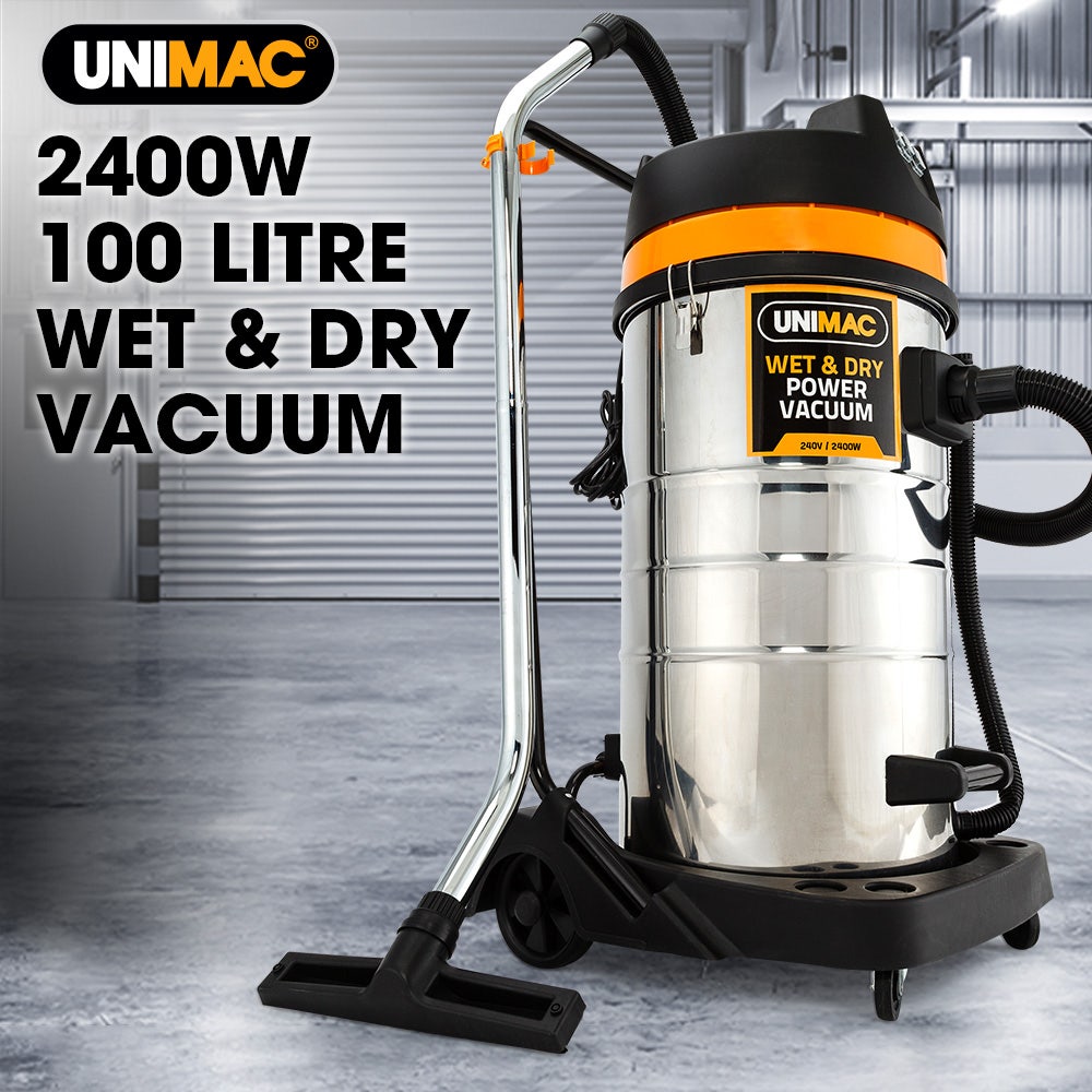UNIMAC 100L 2400W Wet and Dry Vacuum Cleaner, Heavy-Duty Dual Copper Motors, Accessory Set, for Workshop Car Carpet