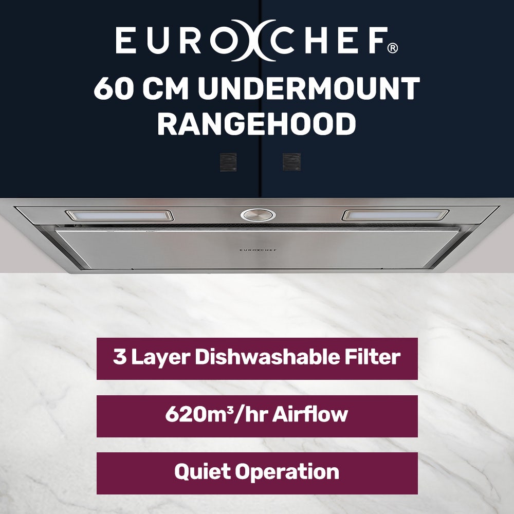 EUROCHEF 60cm Undermount Rangehood Stainless Steel, Quiet 3-Speed, 3-Layer Dishwashable Filter, LED Lights EUR60S