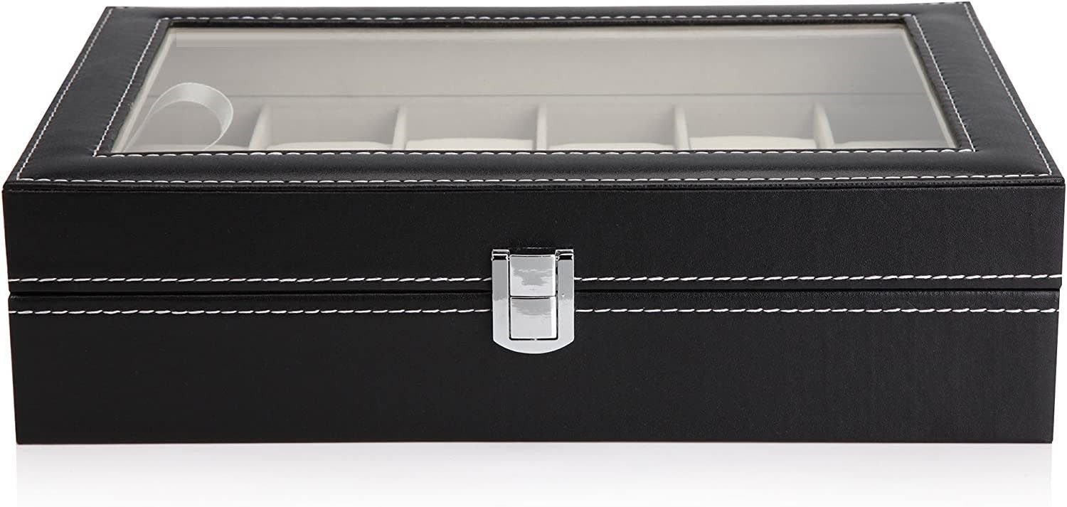 Carla Home Vikus 12-Slot PU Leather Unisex Window Display Watch Storage Box - Black