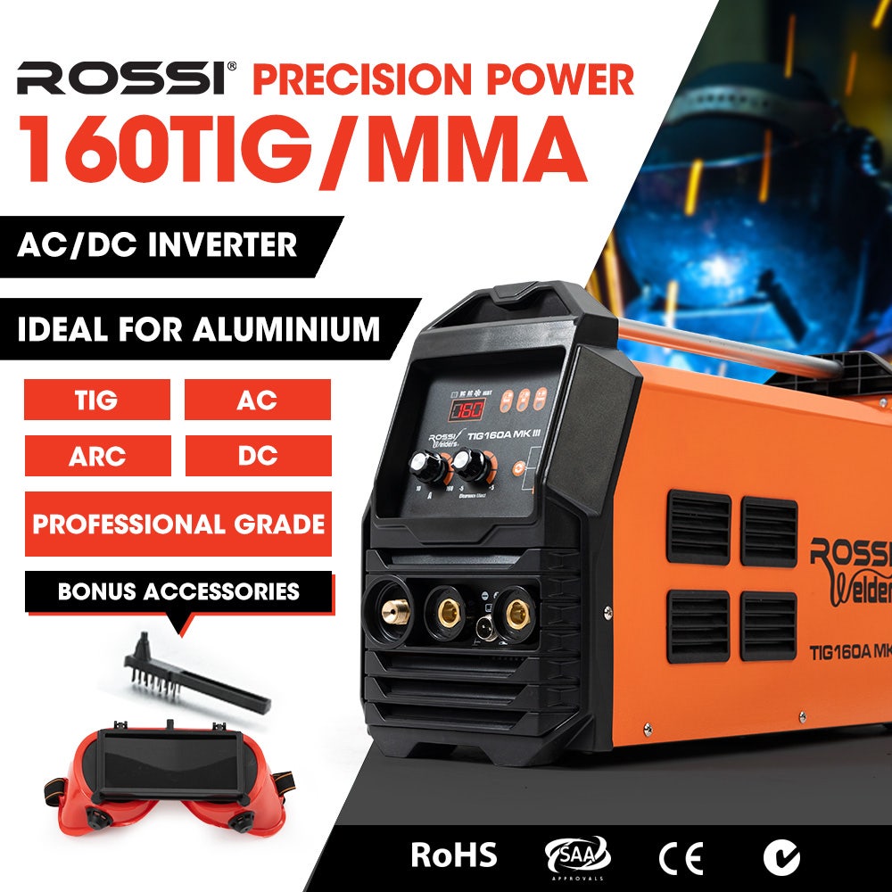 ROSSI 160 Amp AC DC TIG MMA ARC Stick Inverter Welder, Ideal for Aluminium and Copper Welding, 15A Plug