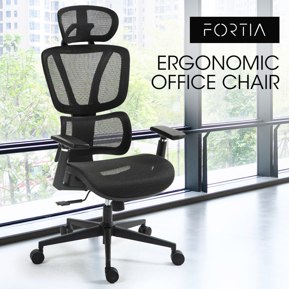 FORTIA Ergonomic Office Desk Chair, Coolmesh Fabric, Adjustable Lumbar Support, Headrest, Armrest and Recline, Black Mesh/Black Frame
