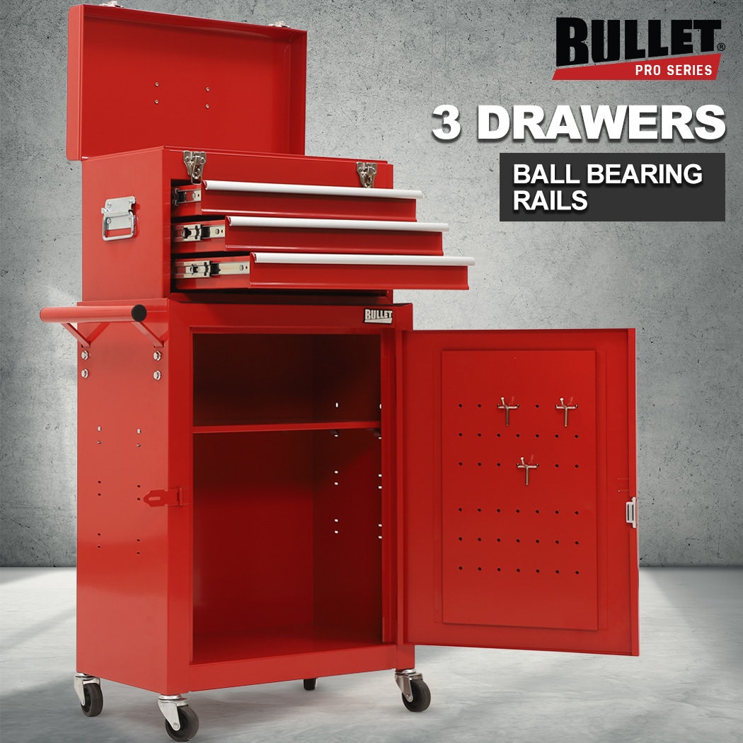 BULLET Pro 3 Drawer Tool Box Cabinet Trolley Storage, 1-Door Toolbox Garage Organiser Set, Red