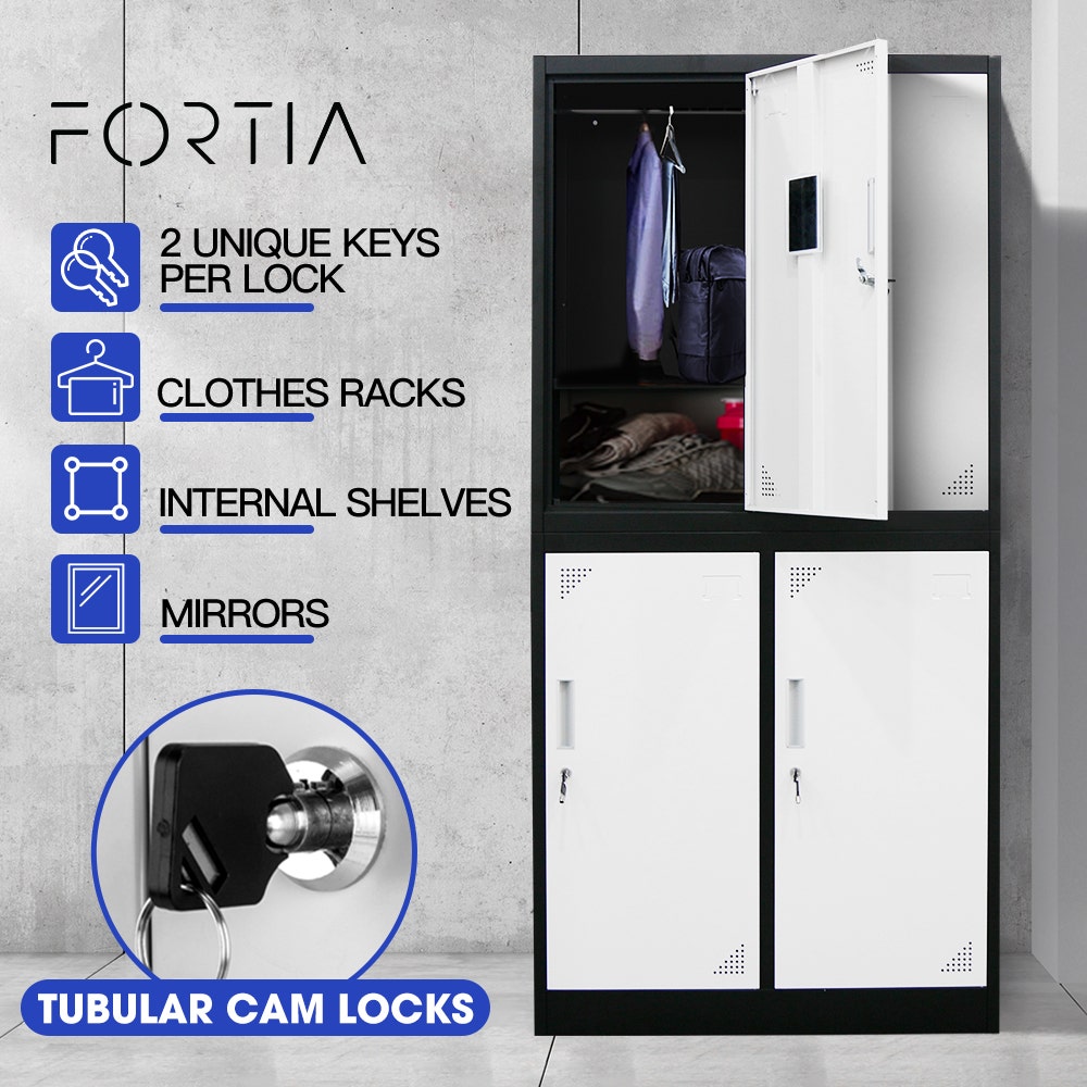 FORTIA 4 Door Metal Storage Cabinet Lockers for Gym Office - Black and Grey