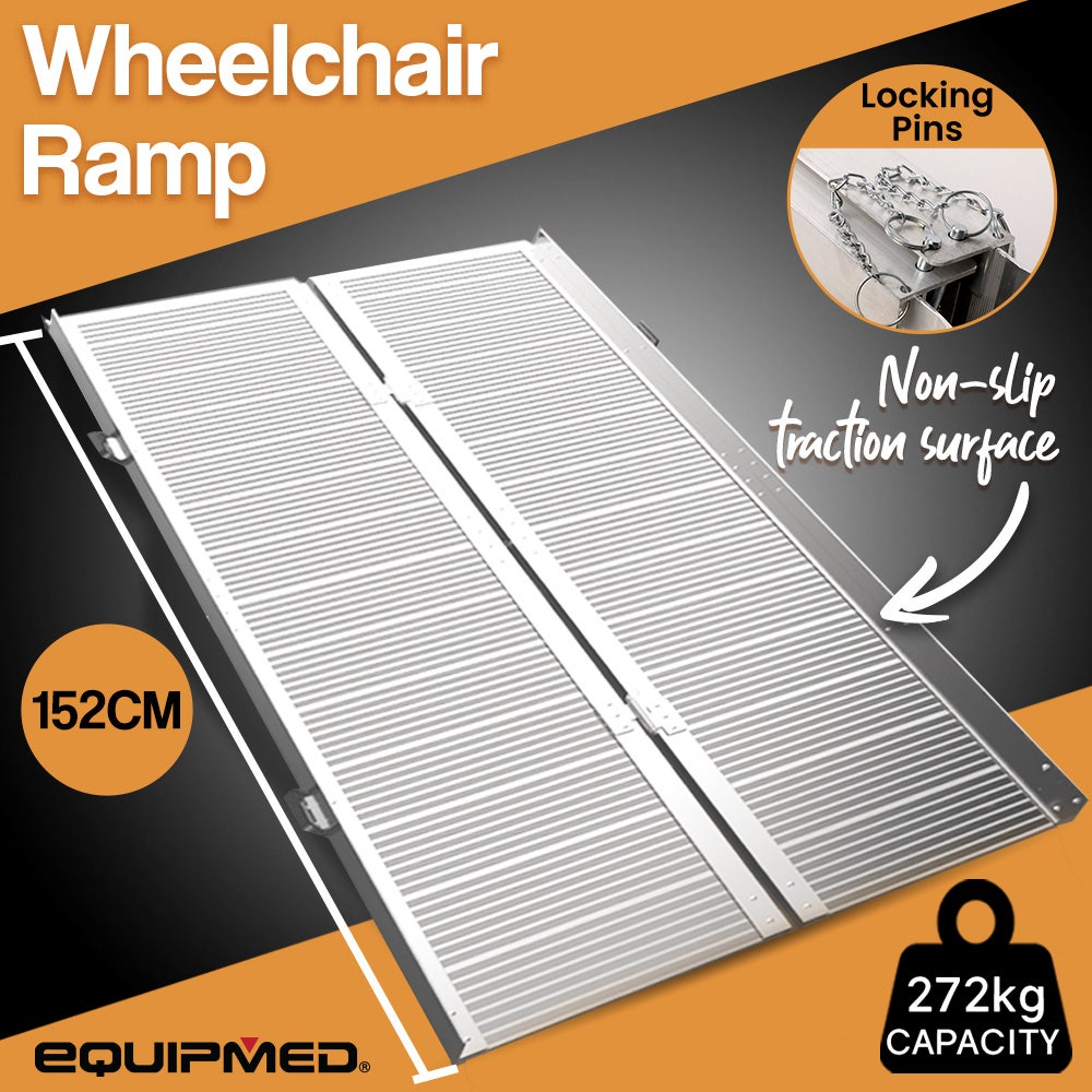 EQUIPMED 152cm Portable Folding Aluminium Access Ramp, 272kg Rated, for Wheelchair, Mobility Scooter, Rollator - Silver