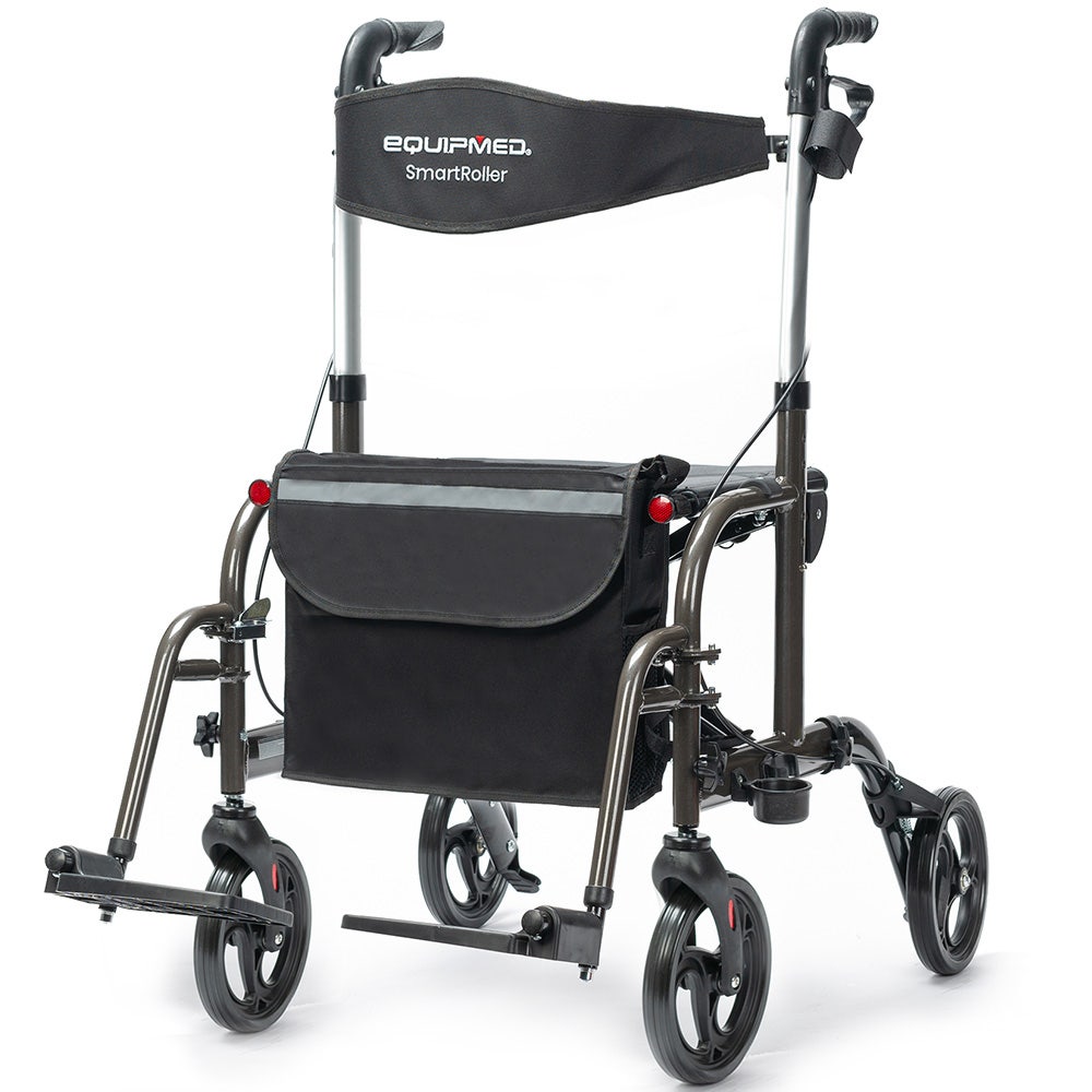 EQUIPMED SmartRoller 2-in-1 Aluminium Rollator and Transit Wheelchair - Titanium