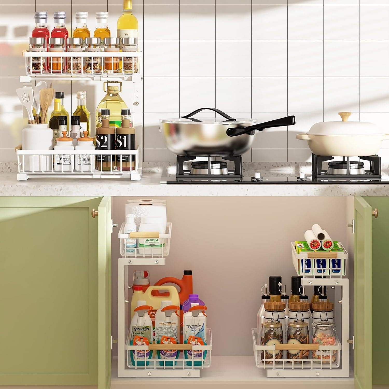 CARLA HOME 2-Tier Height Adjustable Suction Cupped Sliding Under-sink Organiser - White