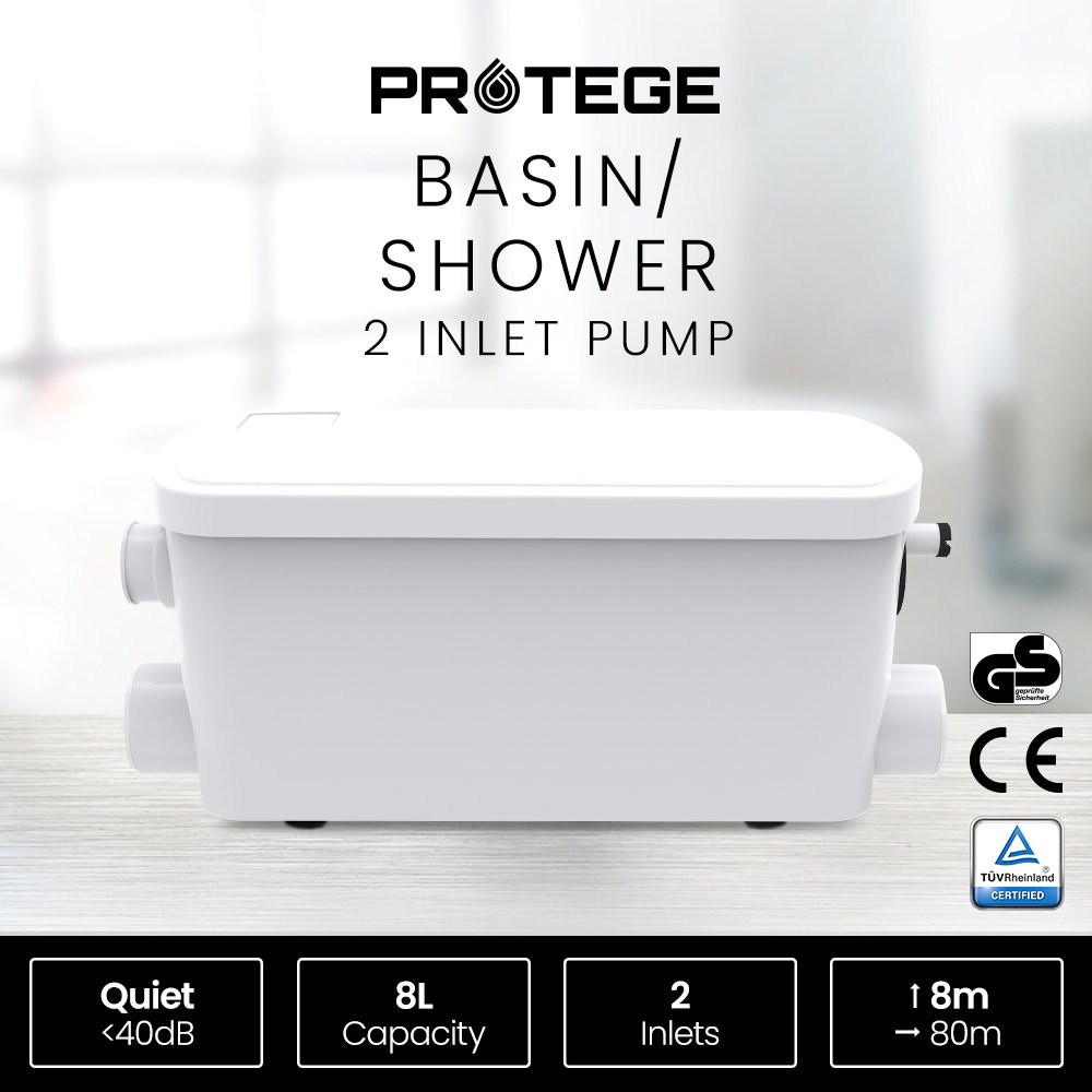 PROTEGE 2 Inlet Grey Water Pump for Bathroom Fixtures, Shower, Basin, Bath