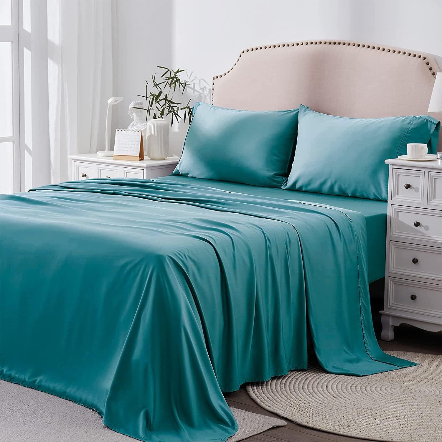 Carla Home Vikus 2000TC 4Pc Fade Stain Resistant Queen Flat Fitted Sheet Set - Biscay Blue