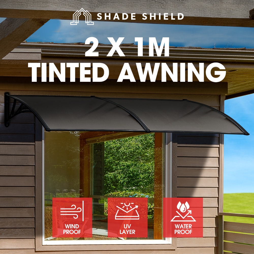 SHADE SHIELD 2x1m Exterior Awning, Black DIY External UV Rain Protection Grey Tinted Polycarbonate Canopy Cover