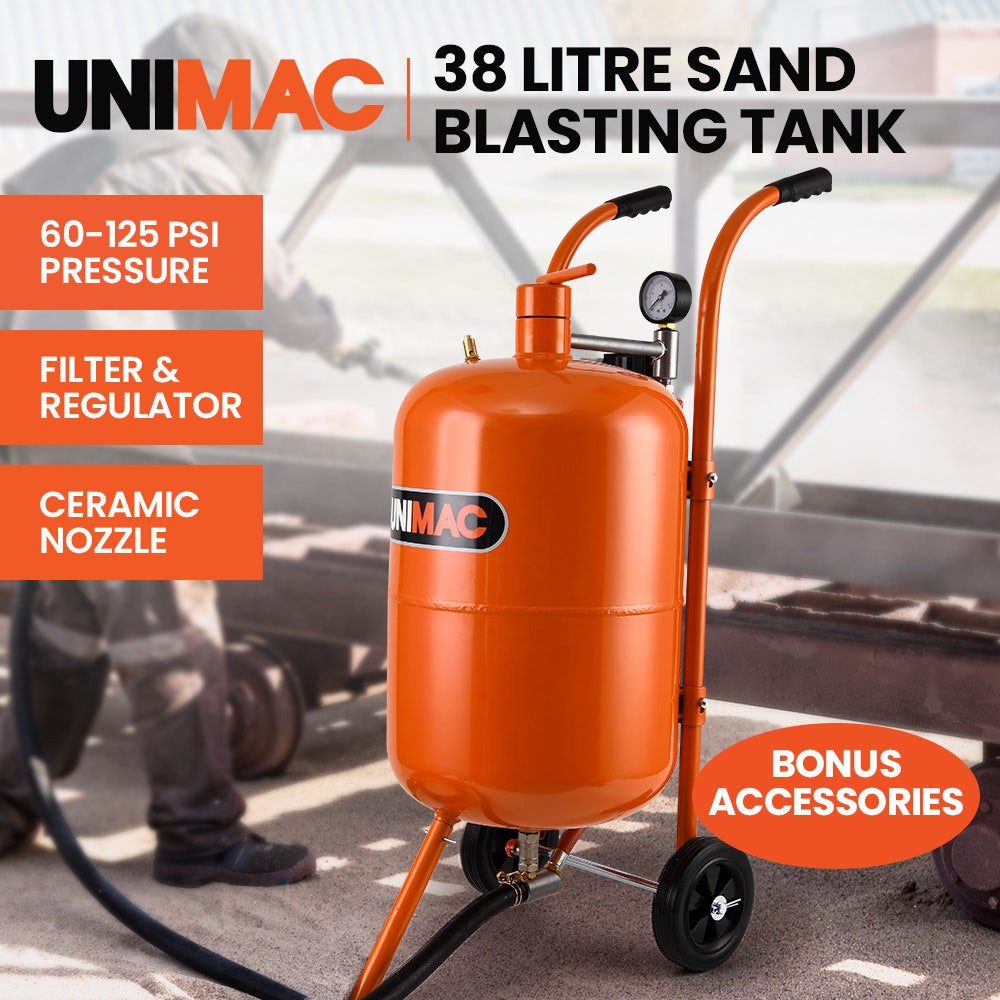 UNIMAC 38L Sandblasting Tank, Pressurised Design with Sandblast Gun Set with Hose