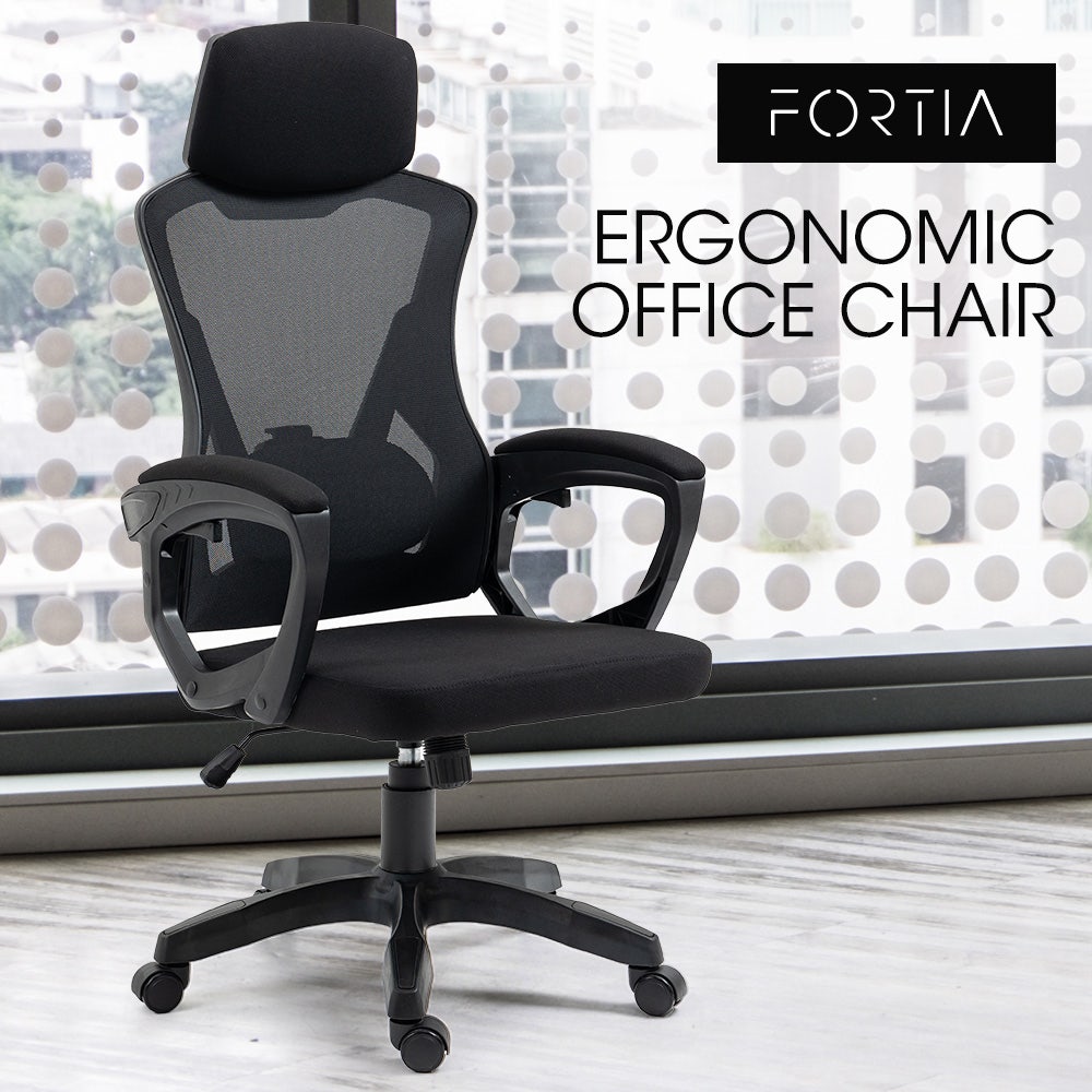 FORTIA Ergonomic Office Desk Chair, Height Adjustable Lumbar Support, Mesh Fabric, Headrest, Black