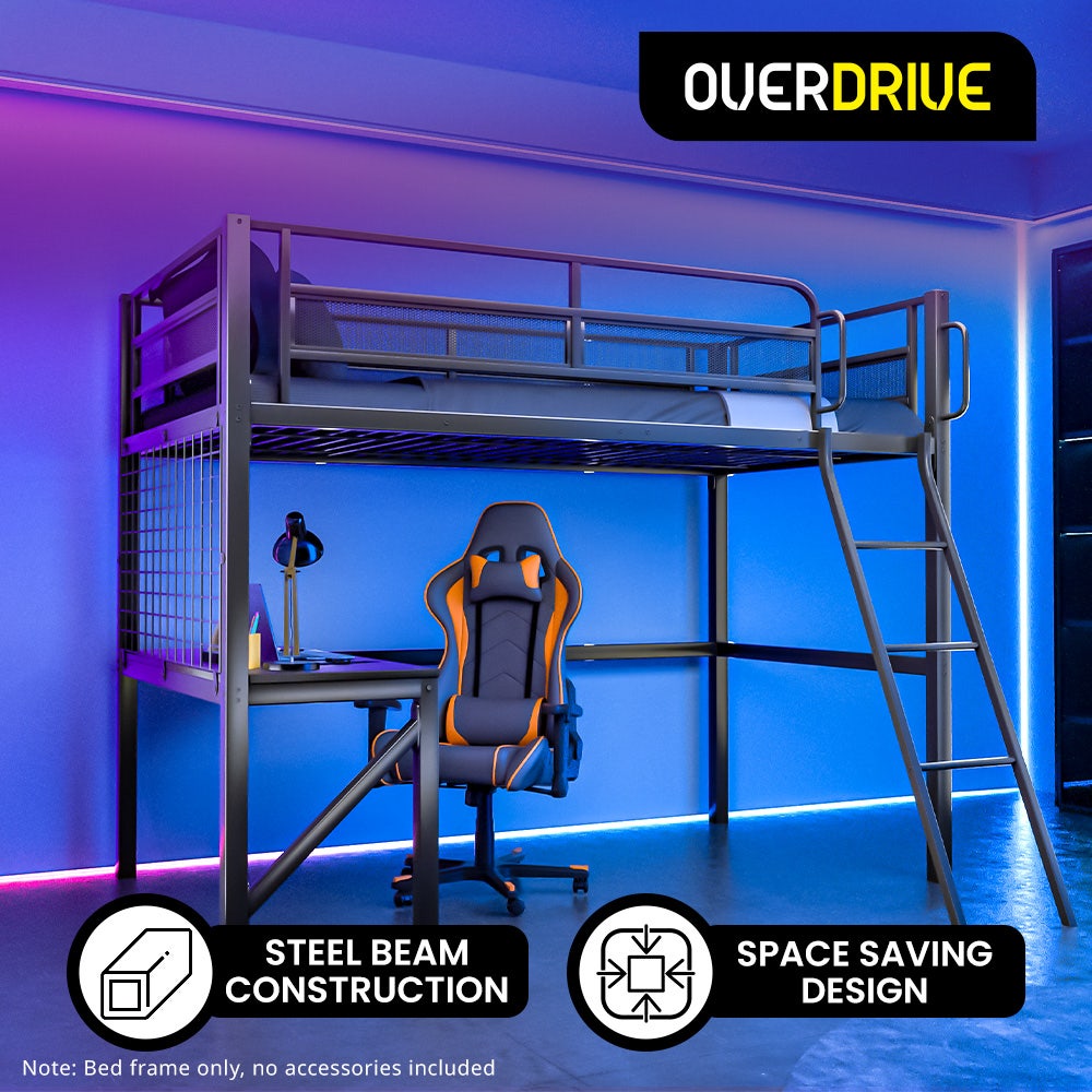 Gaming Loft Bed with Desk, Gridwall, Steel Metal Frame, Space Saving Design, for Single Mattress, Matte Dark Grey