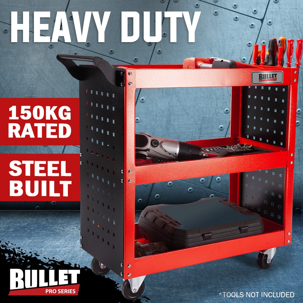 Bullet 3-Tier Steel Tool Trolley Cart for Workshop, Mechanic, with Pegboard, Screwdriver Bay, Red