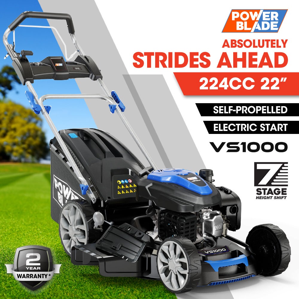 POWERBLADE 22" 224cc Self-Propelled Lawn Mower, Electric Start, 7 Height, Steel Deck, Deck Wash Port, OHV 4-Stroke Petrol - VS1000