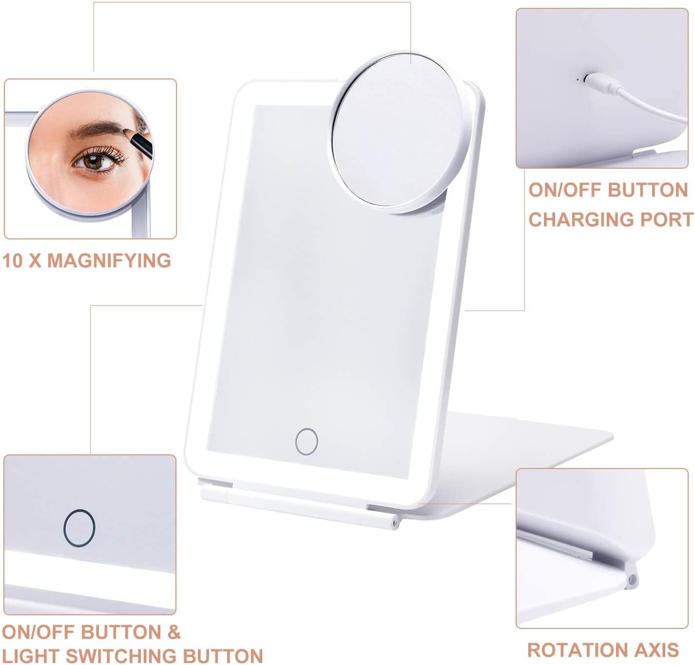 Carla Home Vikus 1000mAh 3-Colour 10x USB Powered Folding Portable Magnifying Makeup Mirror - White