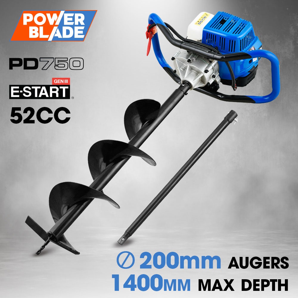 POWERBLADE PD750 52cc 2-Stroke Petrol Post Hole Digger, 200mm Auger w/ 600mm Extension Shaft