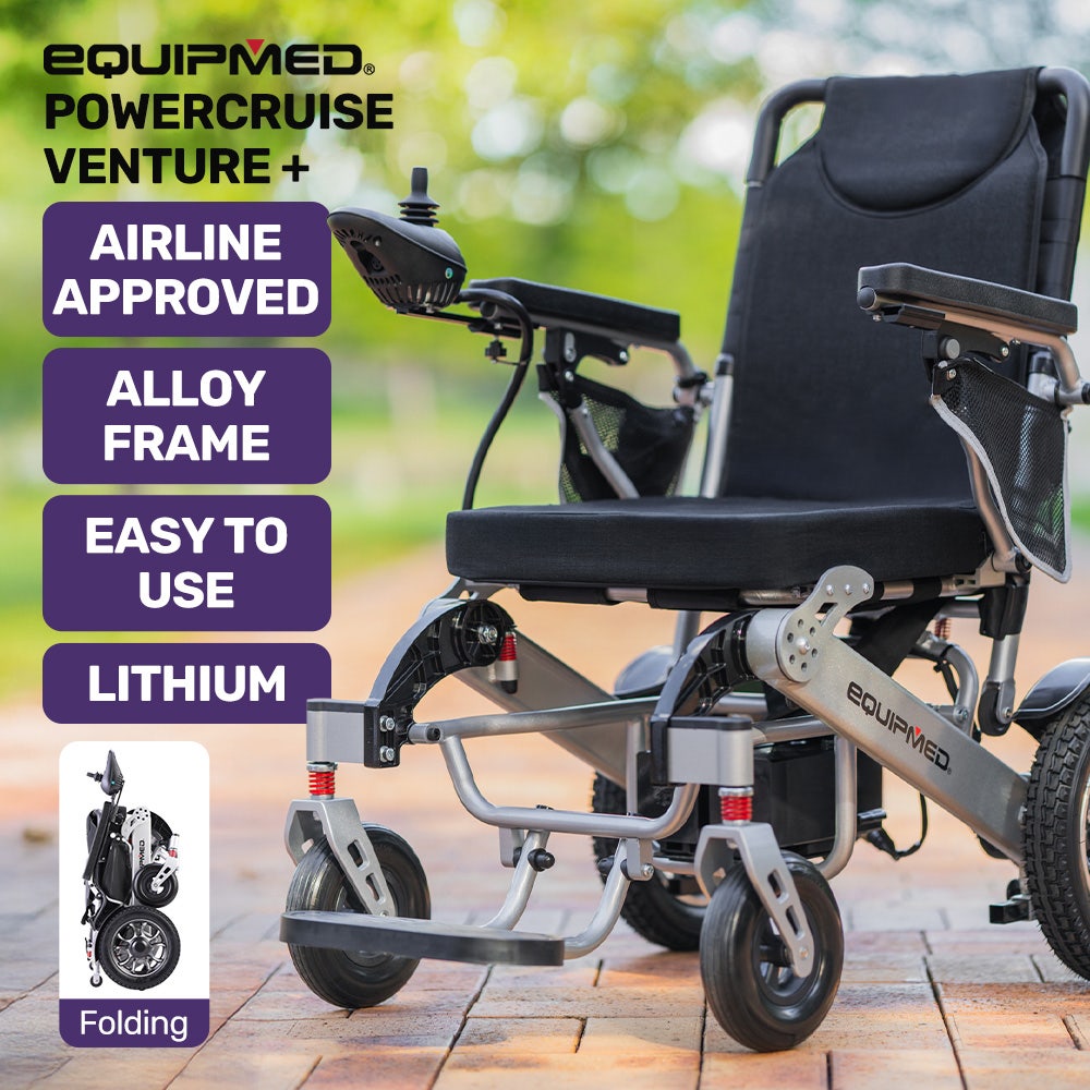 EQUIPMED Power Electric Wheelchair, Airline Approved Wheelchair, Lightweight, Folding, Long Range, Lithium Batteries, Black & Silver