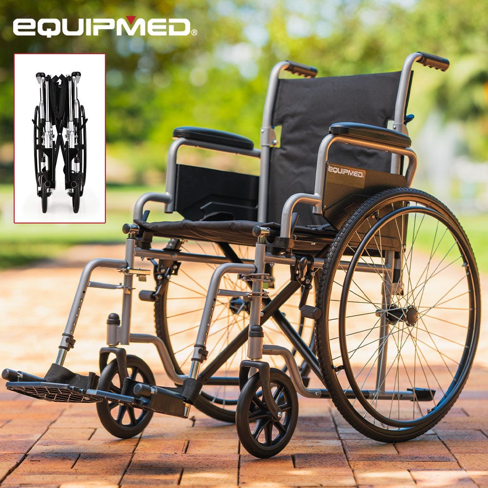 EQUIPMED Cruiseline 24" 136kg Capacity Retractable Armrests Folding Wheelchair - Grey
