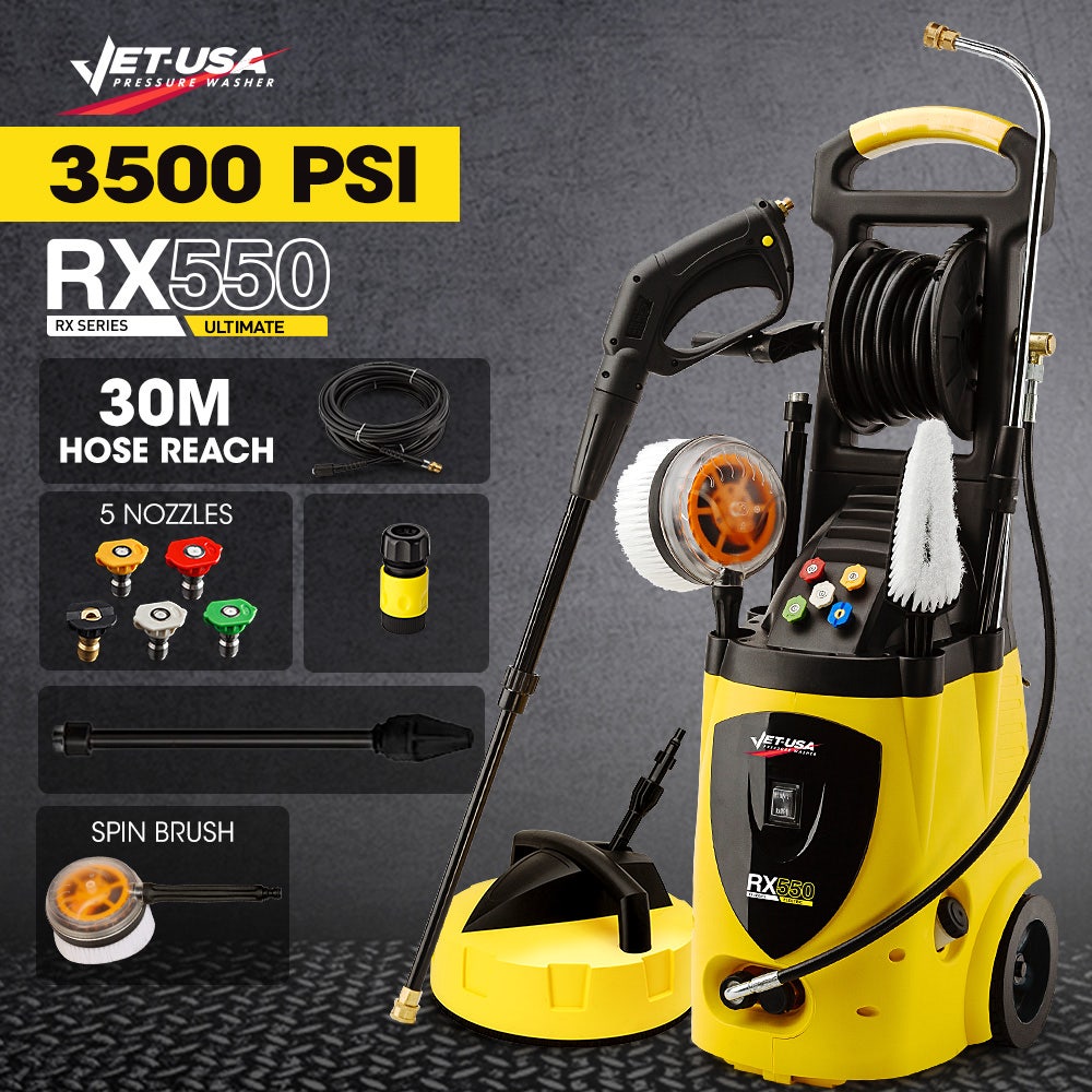 Jet-USA RX550 Electric High Pressure Washer 3500PSI Ultimate Pack, 5 Nozzles, Spin & Wheel Brush, Deck Cleaner, Turbo Head, Angled Lance, 30M Hose Reach