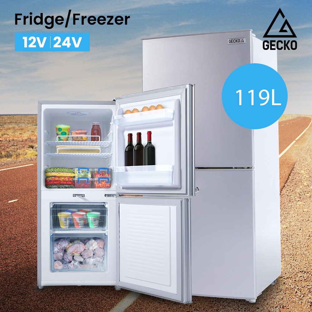 GECKO 119L Upright Portable Fridge / Freezer, 12V/24V for Motorhome and Caravan, Silver