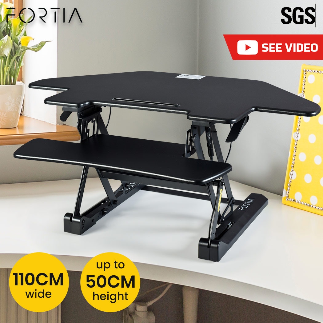 FORTIA Corner Desk Riser 110cm Wide Adjustable Sit to Stand for Dual Monitor, Keyboard, Laptop, Black