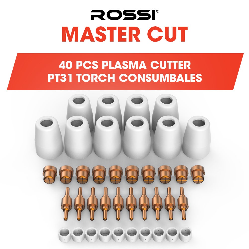 ROSSI 40pc Consumables Kit to Suit PT-31 Plasma Cutter Torch, Includes Tips Nozzle Extended, Gas Rings