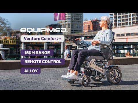 EQUIPMED Power Electric Wheelchair, Long Range, Airline Approved, Alloy, Remote Control, Lithium Battery, Black/Silver