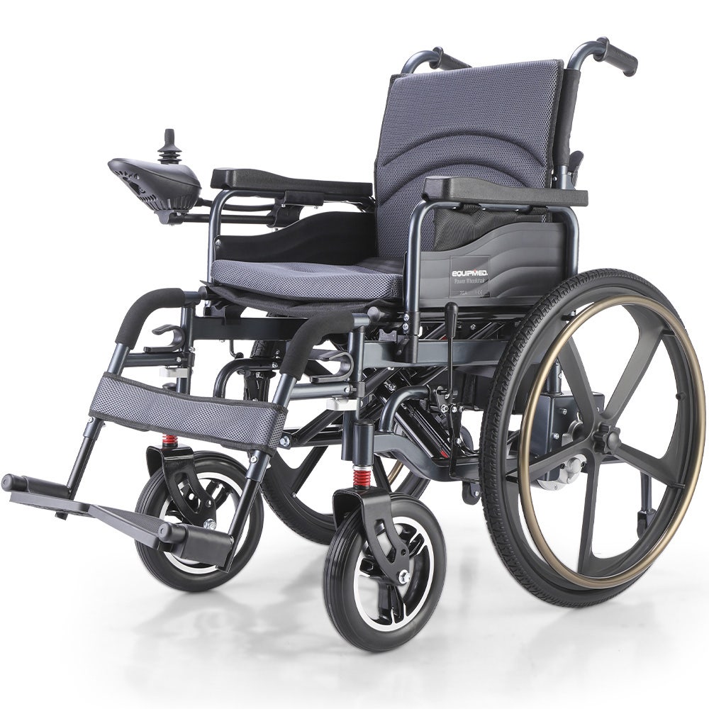 EQUIPMED Electric Wheelchair Folding, Airline Approved, Long Range, Lithium Battery, 24" Rear Wheels, Black