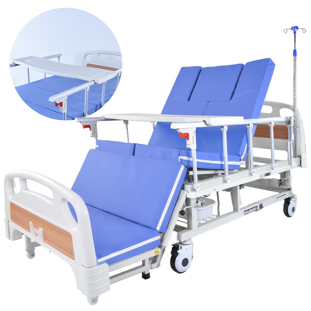 EQUIPMED Medical Bed, w/ Mattress & Over Bed Table, Back and Leg Lifting, Lateral Tilting, Commode Bowl, IV Pole, Home Aged Care or ICU Hospital