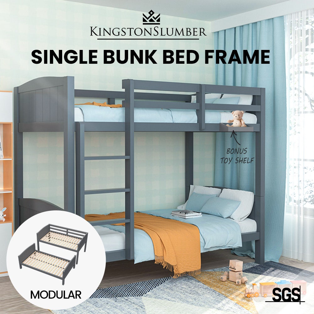 KINGSTON SLUMBER Single Bunk Bed Frame, Solid Pine 2-in-1 Modular Design Convert to 2 Single Beds, Grey
