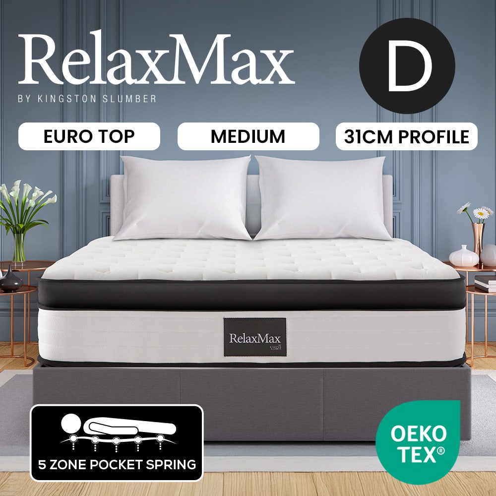 KINGSTON SLUMBER RelaxMax 31cm Double Mattress, Medium, Euro Top, 5-Zone, Pocket Spring, Knitted Fabric