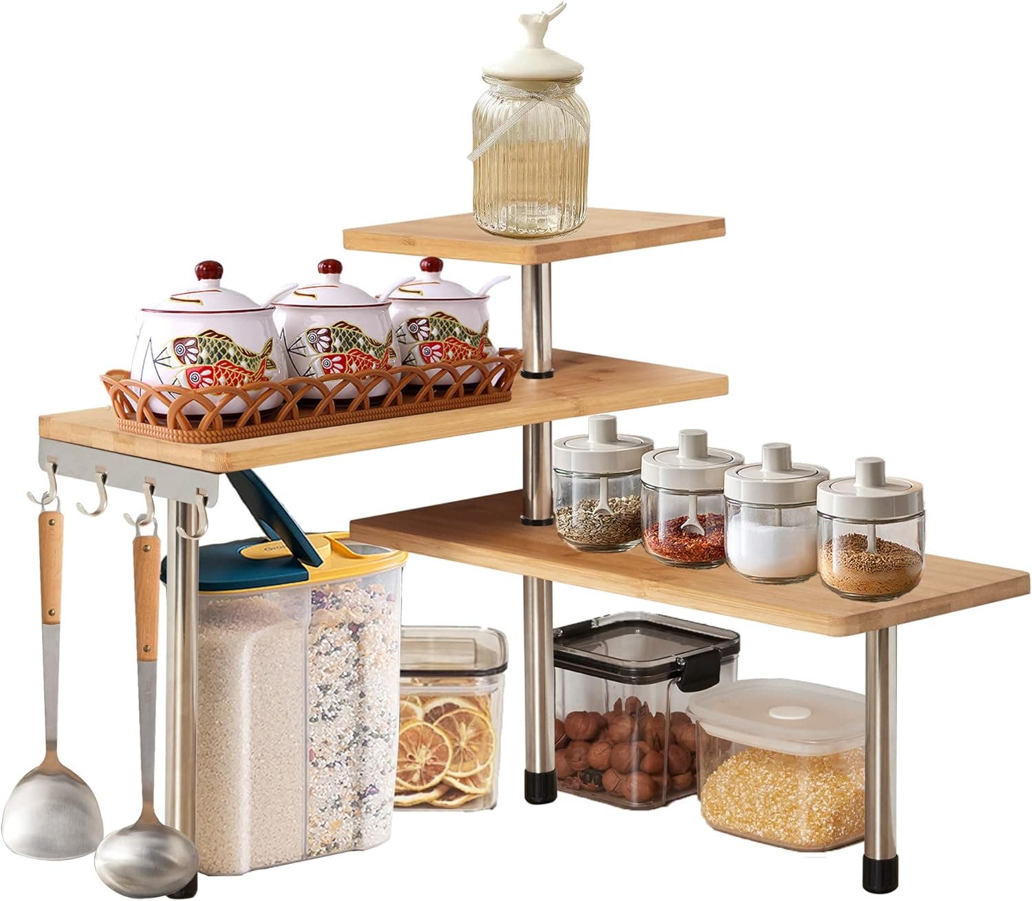 CARLA HOME 3-Tier Shelf Bamboo Design with Hooks Corner Kitchen Spice Rack Organiser
