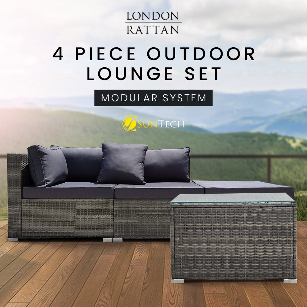 LONDON RATTAN 4 Piece 3 Seater Modular Outdoor Lounge Setting incl. Coffee Table, Ottoman, Grey