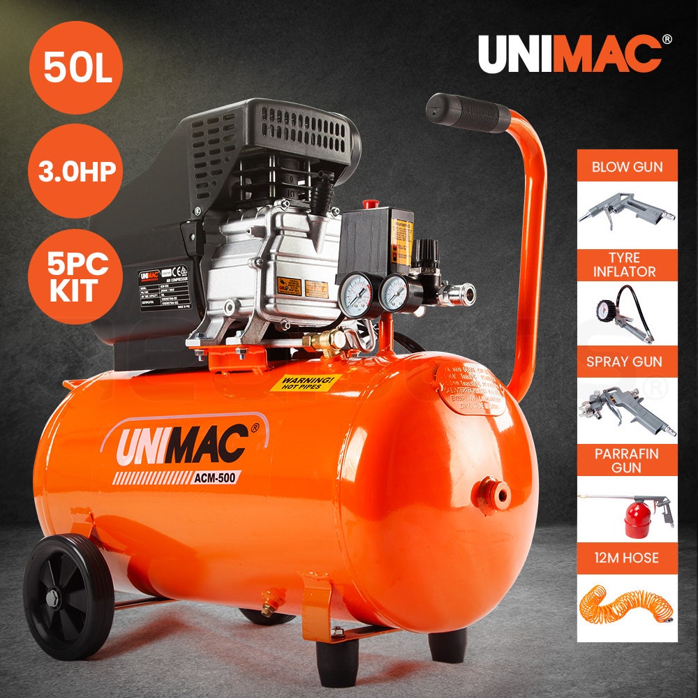 UNIMAC Portable Electric Air Compressor, 50L 3HP Direct Drive, Includes 5pc Air Tool Kit