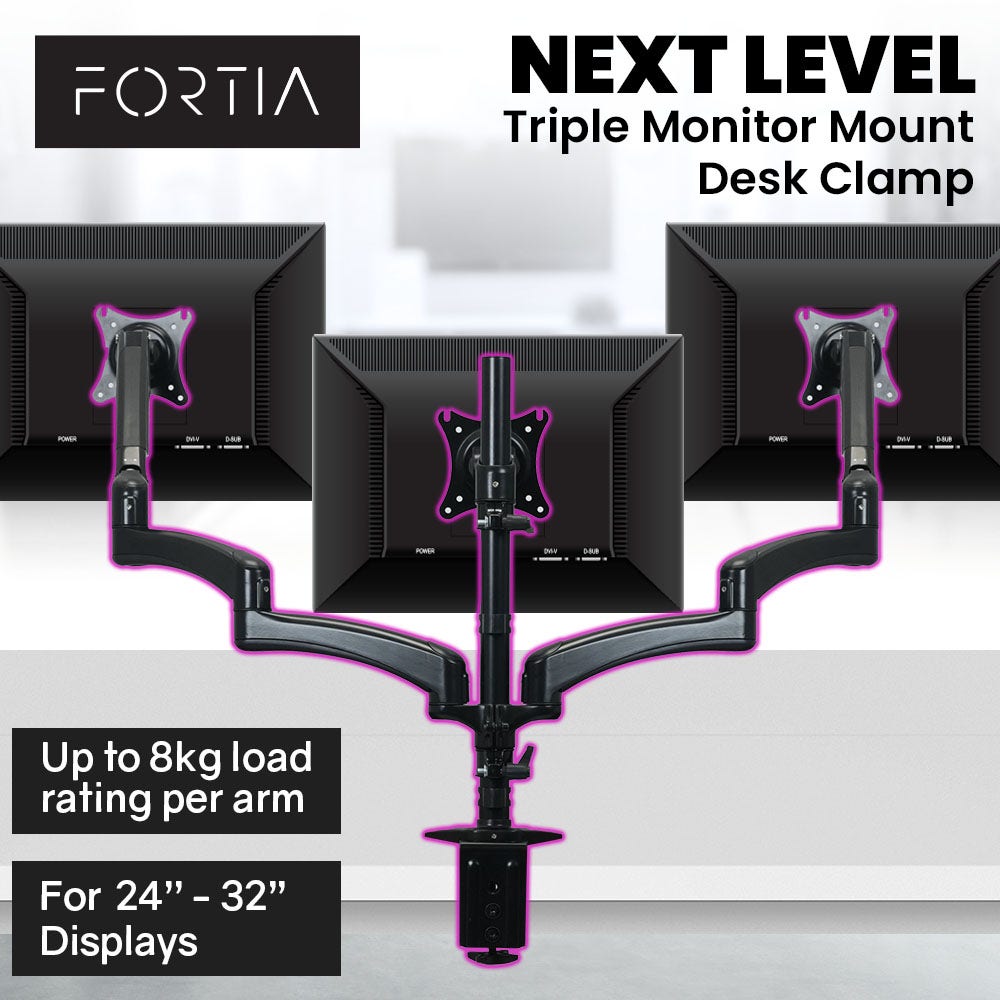 FORTIA Triple Computer Monitor Mount Stand for Desk with 3 Adjustable Arm Holder for 15 to 32 inch Displays