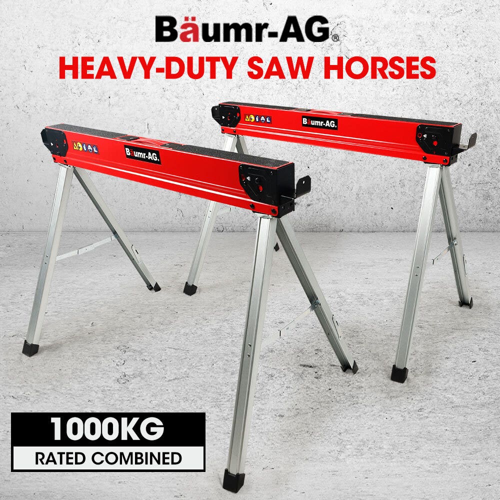 Baumr-AG 2 x Steel Sawhorses, 1000kg Capacity, Folding, 2x4 Support Arms
