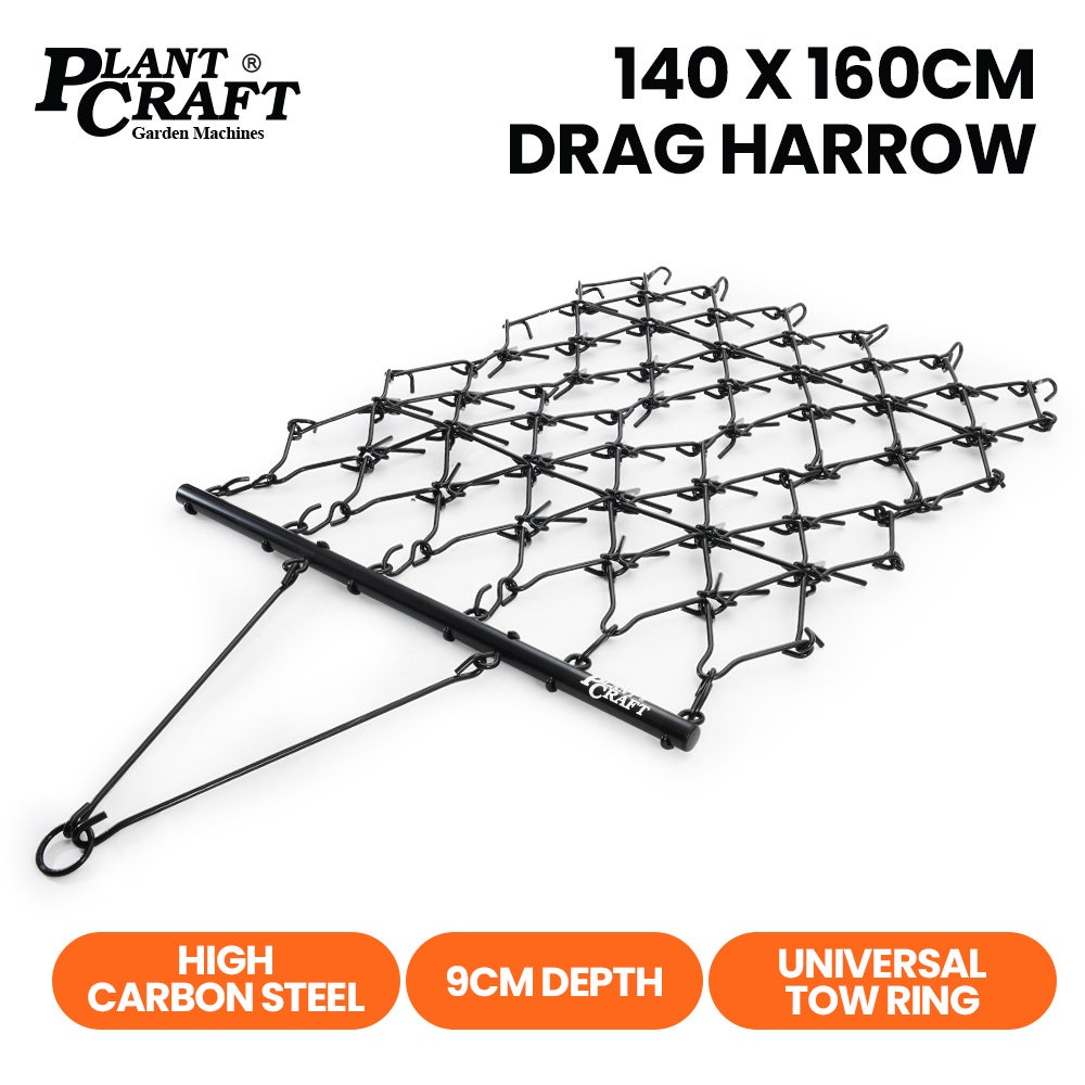 PLANTCRAFT Tow Behind Drag Harrow Rake, 1.4m Wide, for Ride-on Mower LawnTractor on Pasture Paddock