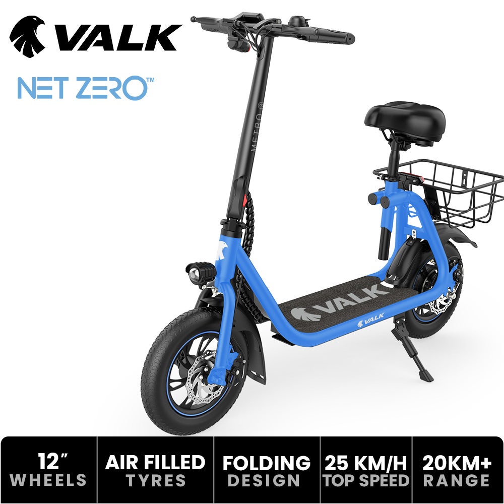 VALK Electric Scooter with Seat, Disc brakes, 12" Tyres, Motorised eScooter for Adults Teens Commuter, Blue