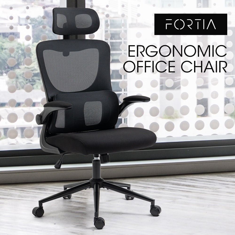 FORTIA Ergonomic Office Desk Chair, Lumbar Support, Mesh Fabric, Adjustable Headrest, Retractable Armrests, Black