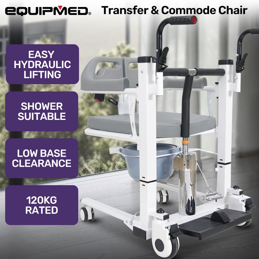EQUIPMED 4in1 Patient Lift Transfer Chair, Easy Hydraulic Height Adjustment, Shower Compatible, Over Toilet, Removable Commode, for Seniors Elderly Disabled
