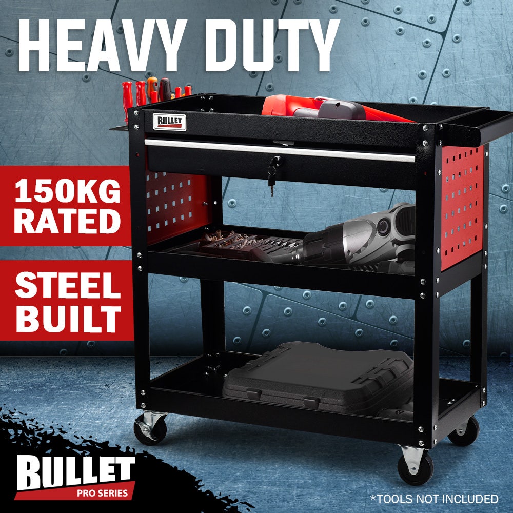 BULLET 3-Tier Steel Tool Trolley Cart, for Workshop, Mechanic, with Drawer, Pegboard, Screwdriver Bay, Black/Red