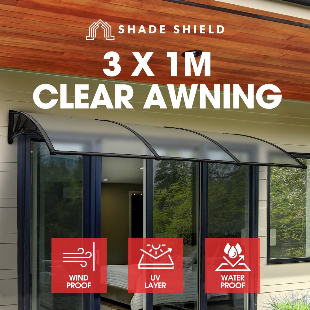 SHADE SHIELD 3x1m Exterior Awning, Black DIY External UV Rain Protection Clear Polycarbonate Canopy Cover